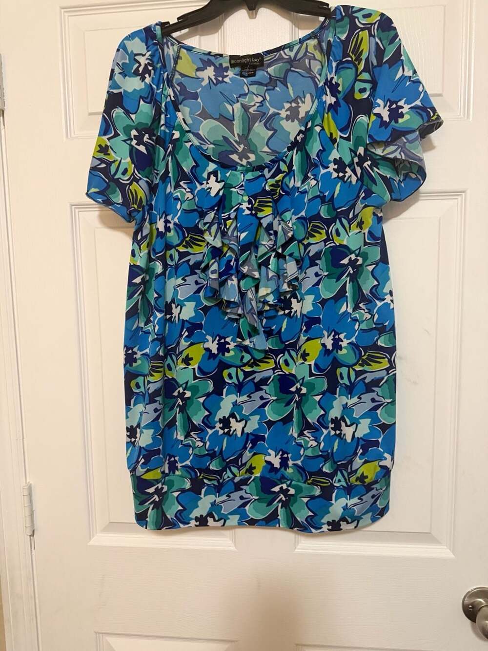 Moonlight Bay Woman Plus Size Blue Floral Print Ruffled Blouse Size 3X